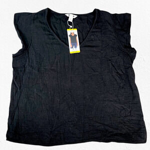 Three Dots Black Double Gauze V Neck Cap Sleeve Cotton Top Size Medium NWT $138